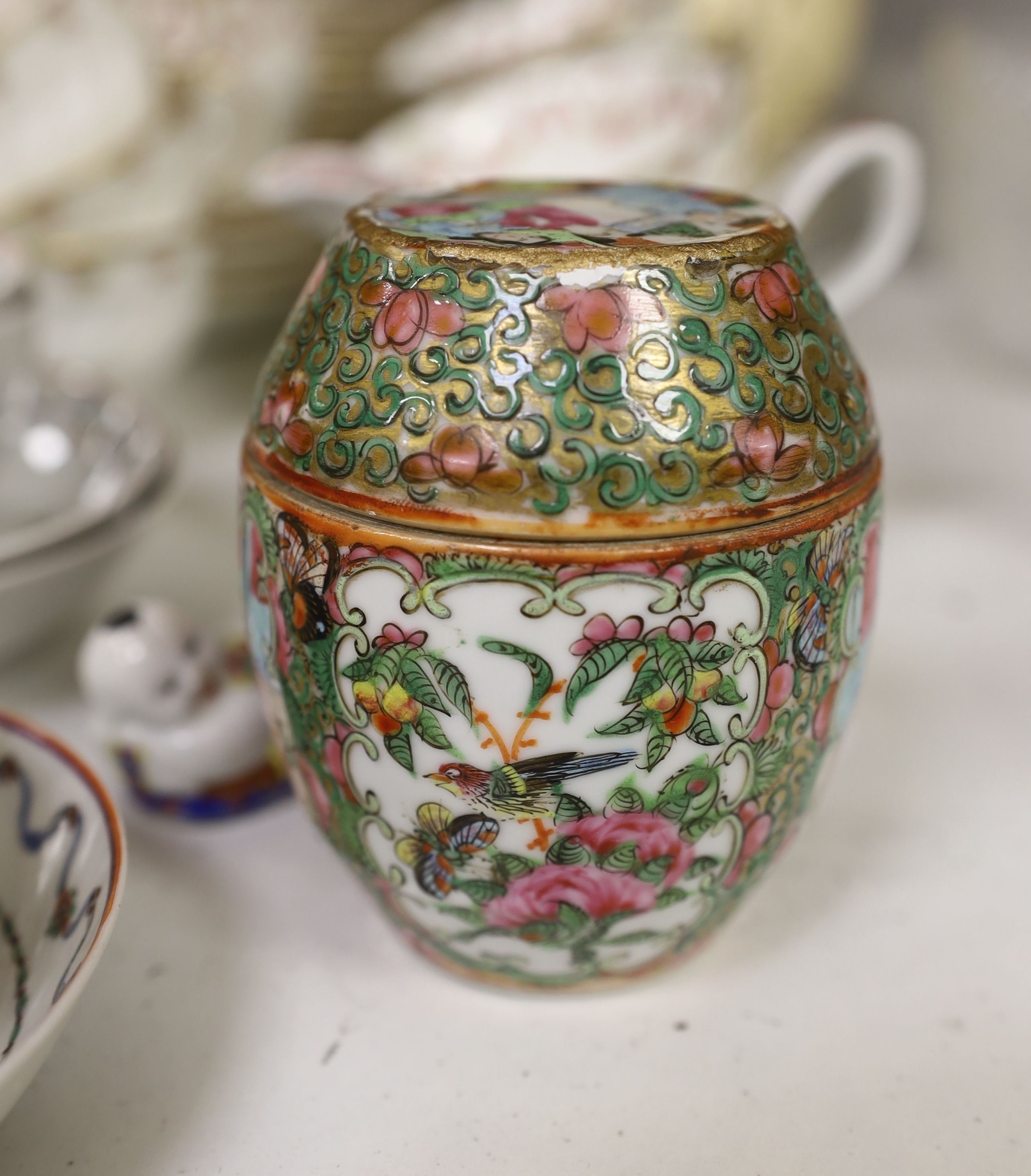 A Chinese famille rose pot and cover, a part Crescent China tea set and a small quantity of tea bowls etc